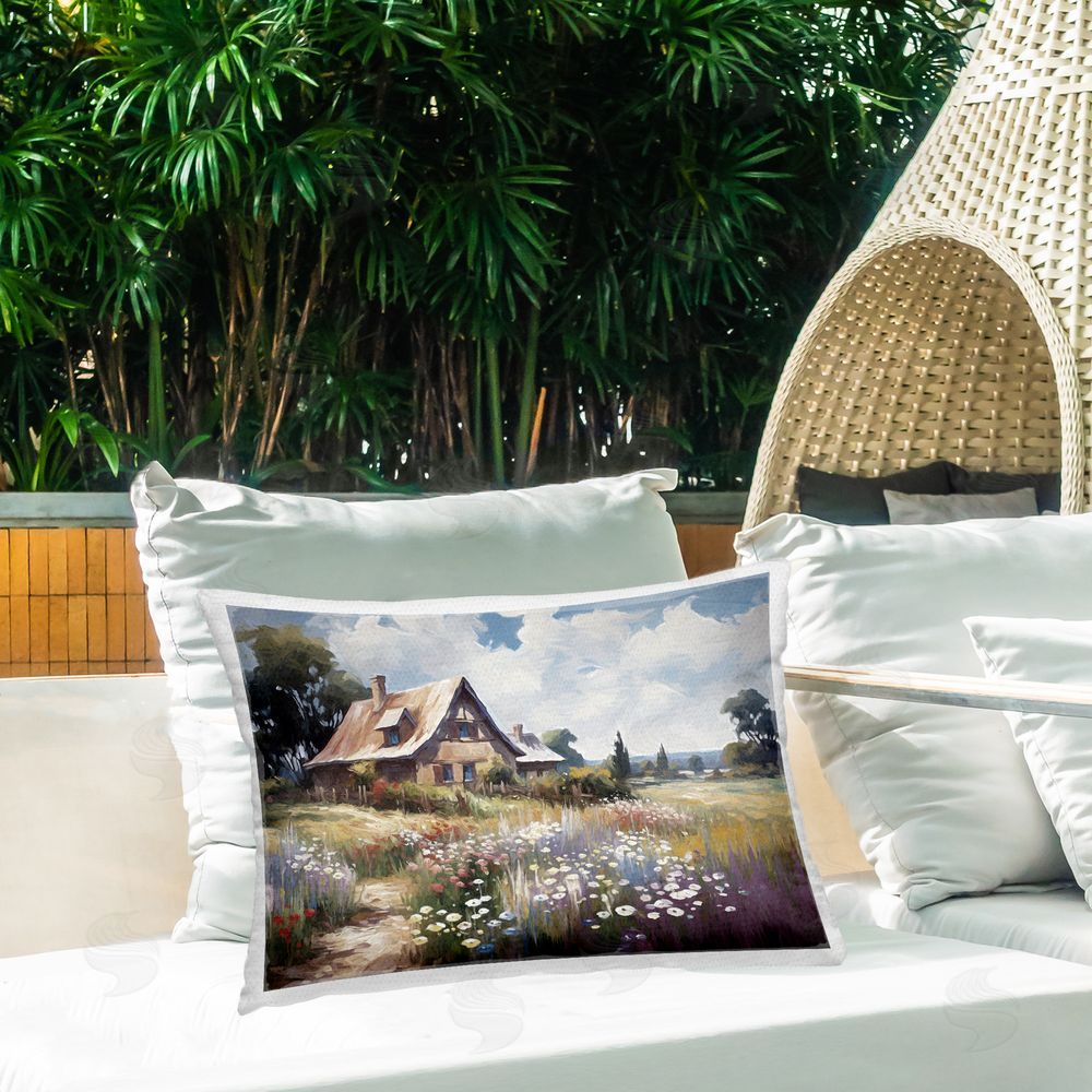 Ramona Murdock Pleasant Cottage Meadow Outdoor Quick-Dry Polyester Printed Throw Pillow in Back Yard