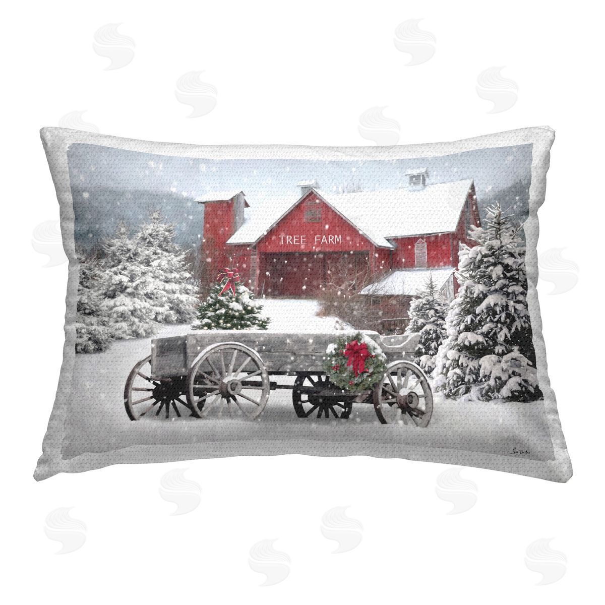 Lori Deiter Tree Farm Wagon Scene Outdoor Quick-Dry Polyester Printed Throw Pillow