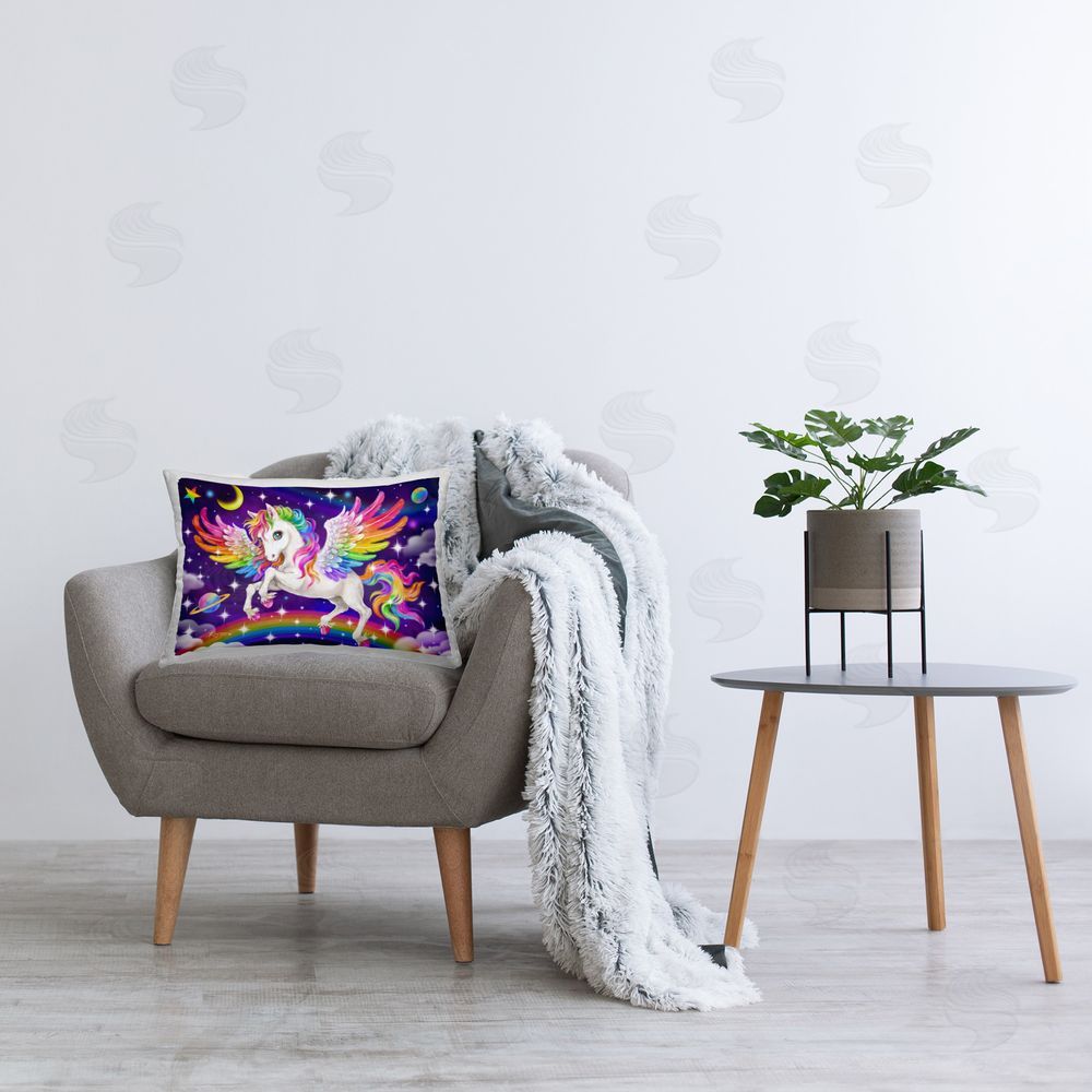 Kayomi Harai Rainbow Horse in Space Printed Plush Polyester Throw Pillow On Chair