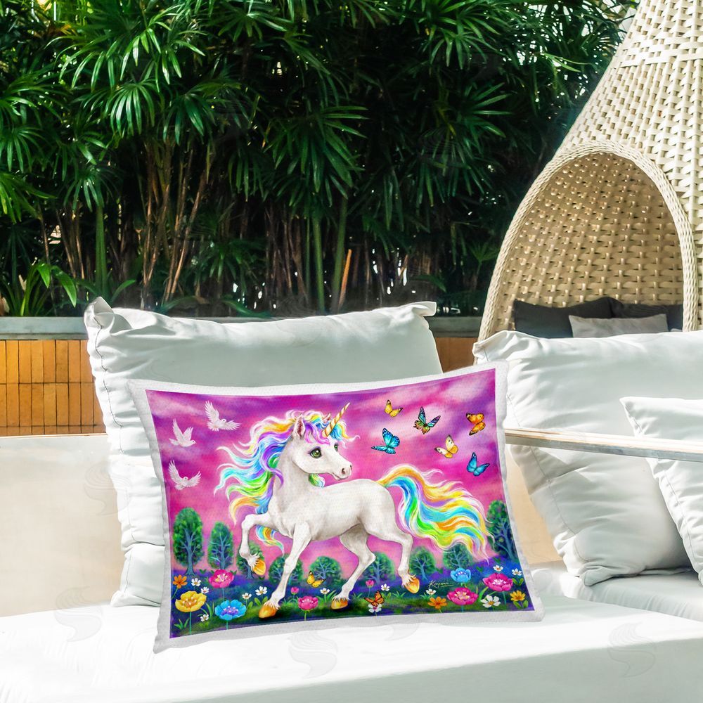 Kayomi Harai Unicorn & Garden Butterflies Outdoor Quick-Dry Polyester Printed Throw Pillow in Back Yard