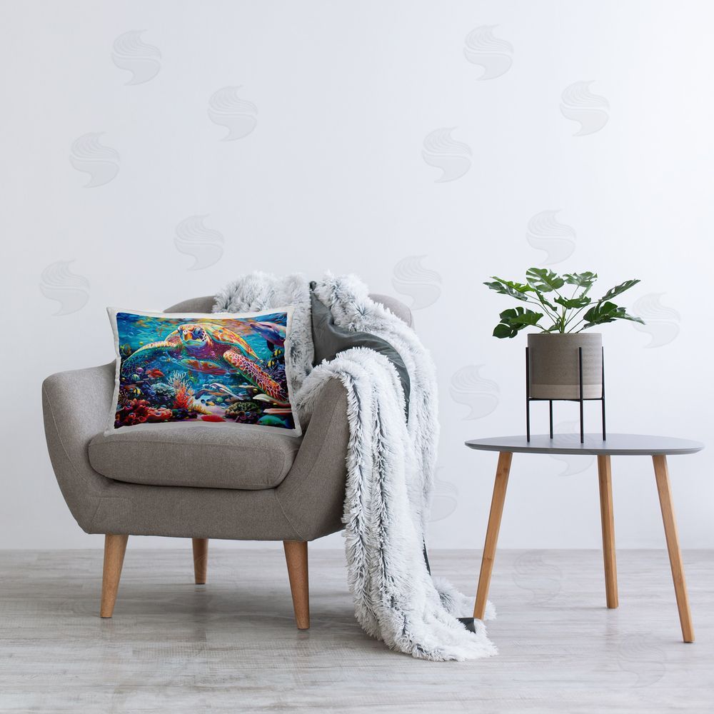 Michael David Ward Turtle with Underwater Bubbles Printed Plush Polyester Throw Pillow On Chair