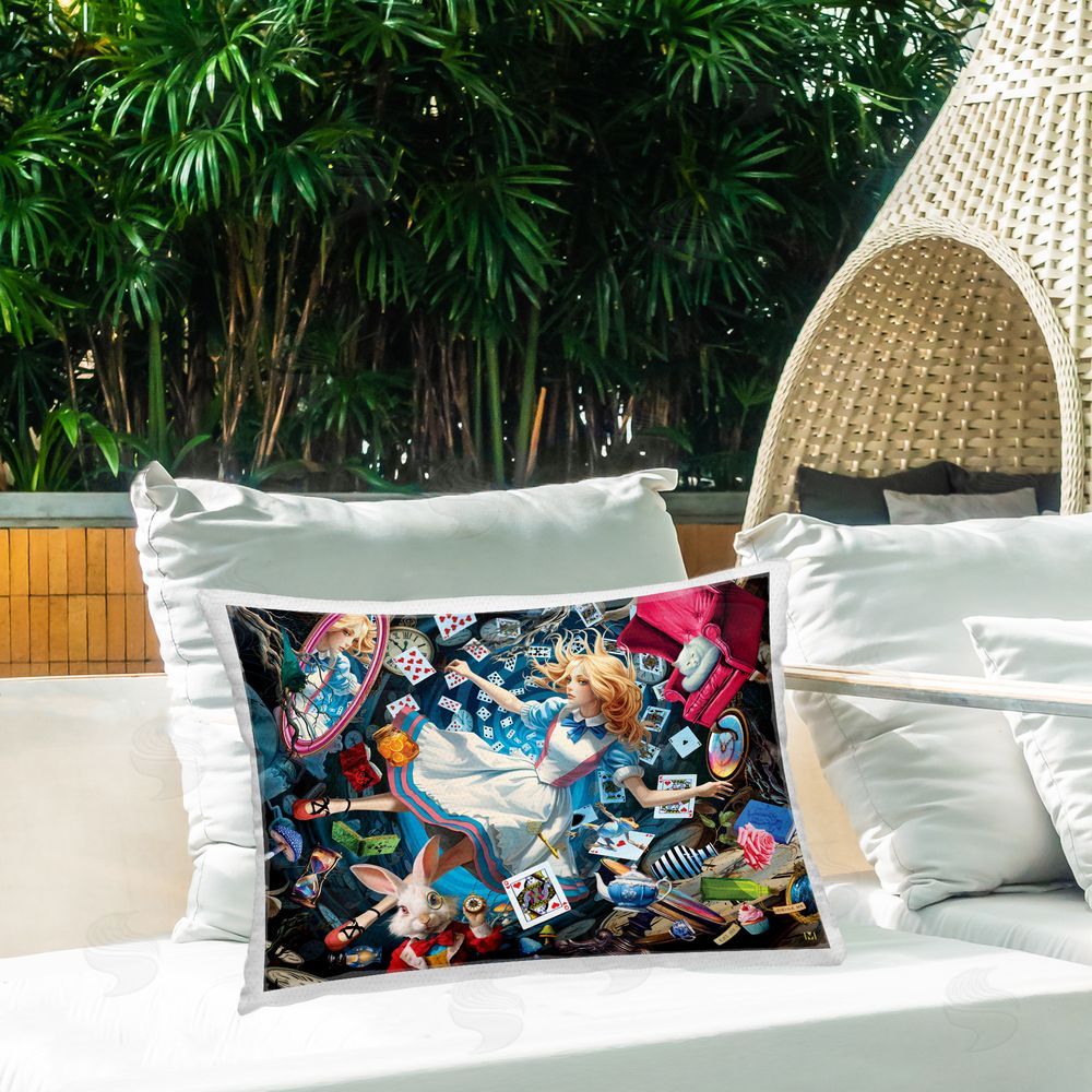 Michael David Ward Storybook Girl & Rabbit Outdoor Quick-Dry Polyester Printed Throw Pillow in Back Yard