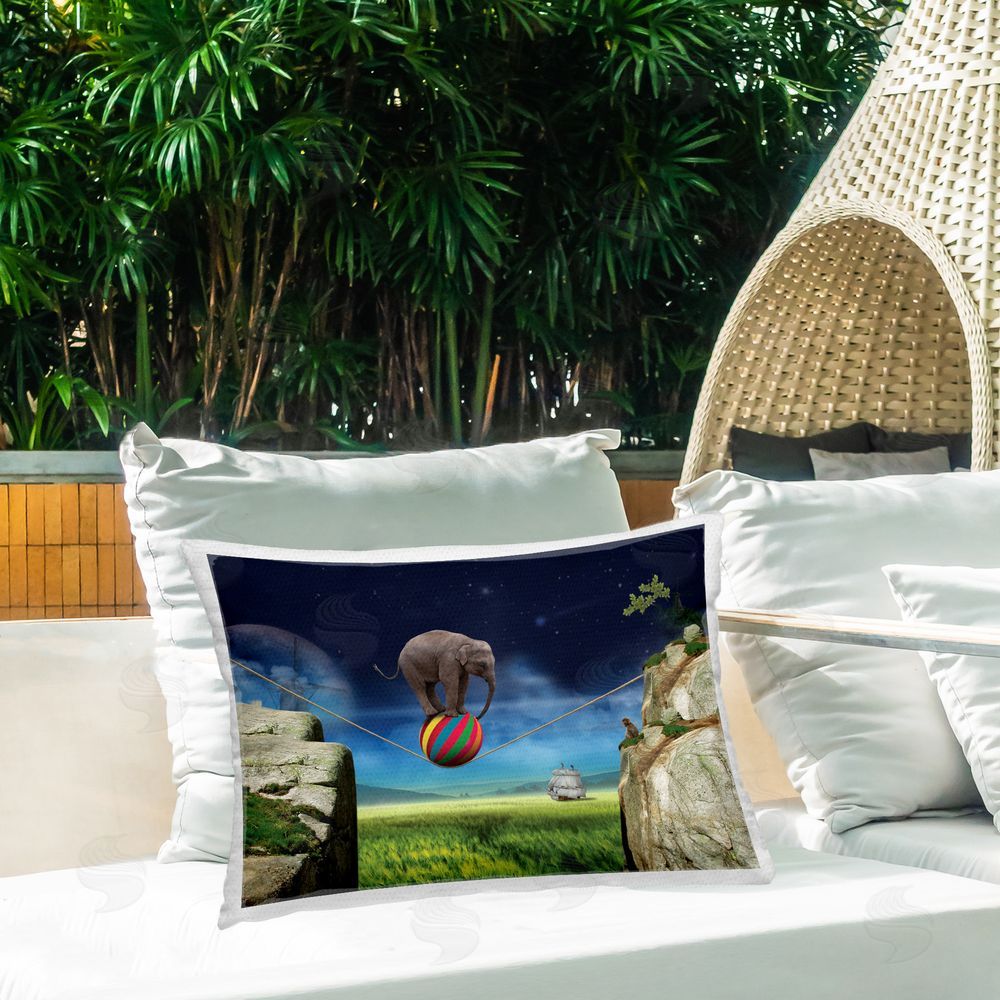 Nobleworks Surrealist Balancing Elephant Outdoor Quick-Dry Polyester Printed Throw Pillow in Back Yard