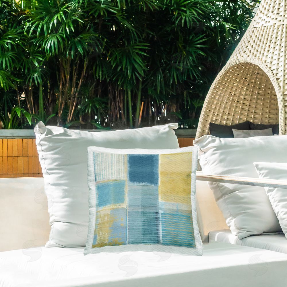 Flora Kouta Blue & Yellow Geometric Outdoor Quick-Dry Polyester Printed Throw Pillow in Back Yard