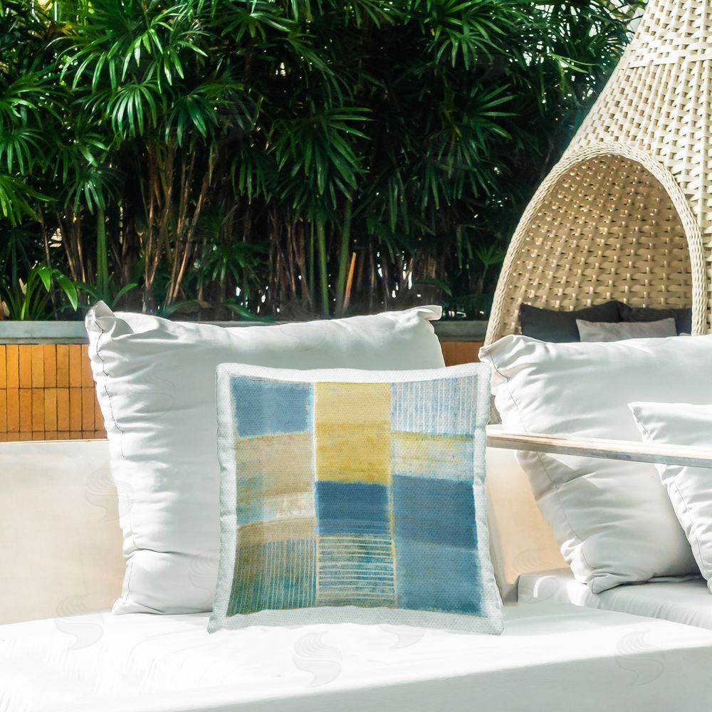 Flora Kouta Rustic Stripes & Squares Outdoor Quick-Dry Polyester Printed Throw Pillow in Back Yard