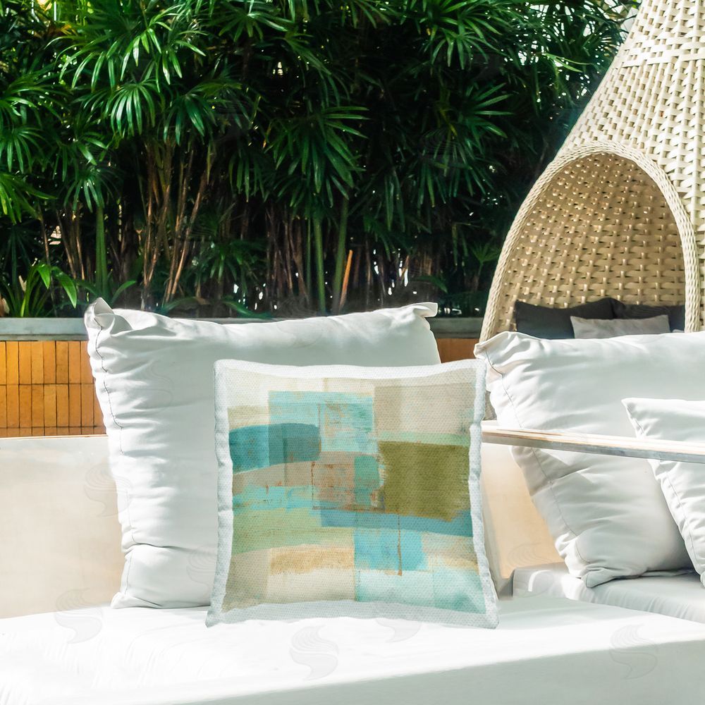 Flora Kouta Abstract Overlapping Shapes Outdoor Quick-Dry Polyester Printed Throw Pillow in Back Yard