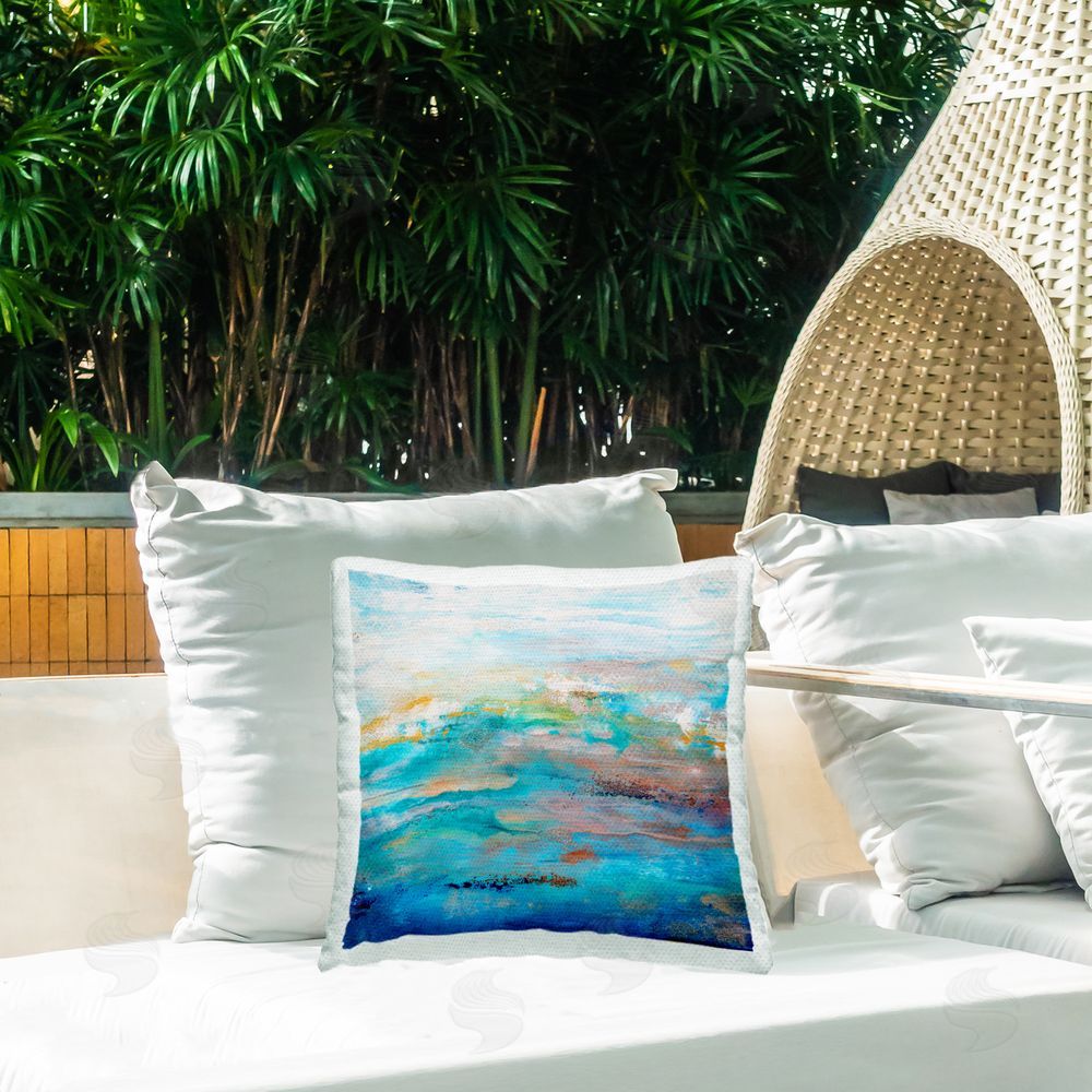 Hilary Winfield Maritime Blue Abstraction Outdoor Quick-Dry Polyester Printed Throw Pillow in Back Yard