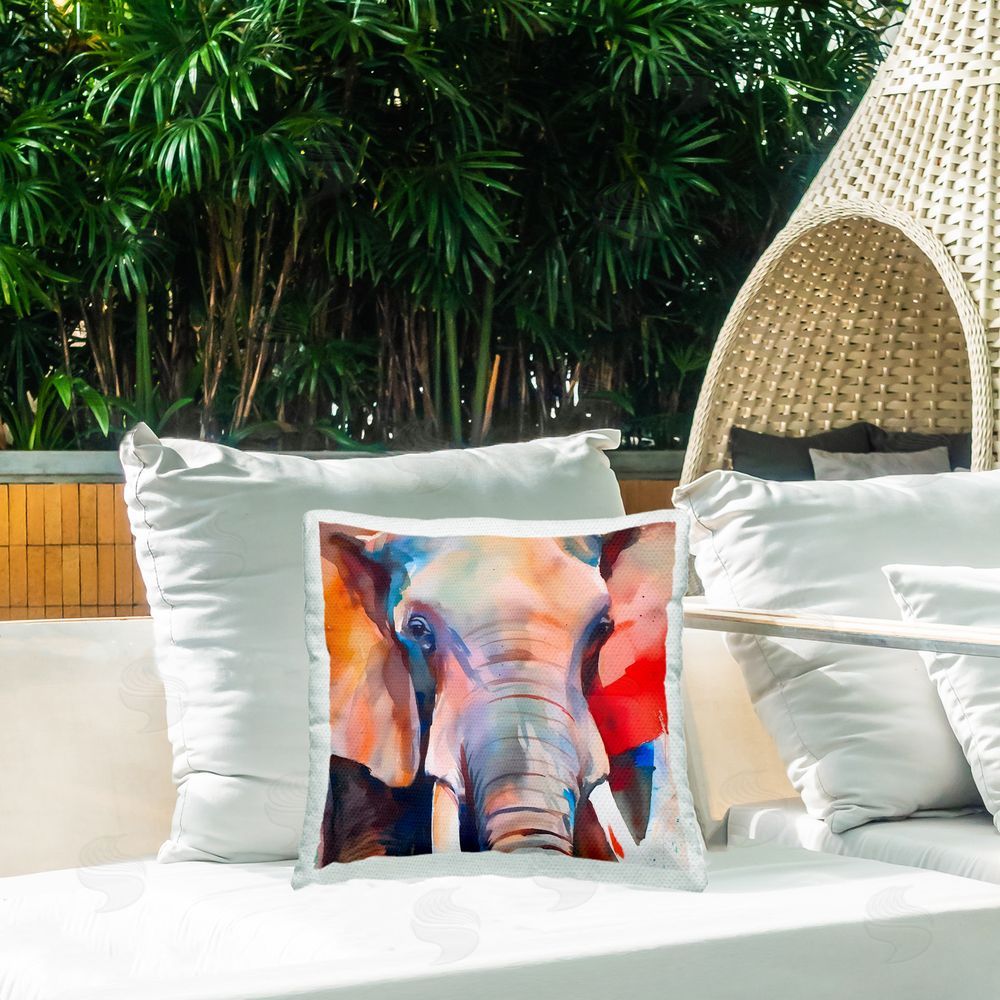 Walker Noble Modern Hued Elephant Outdoor Quick-Dry Polyester Printed Throw Pillow in Back Yard
