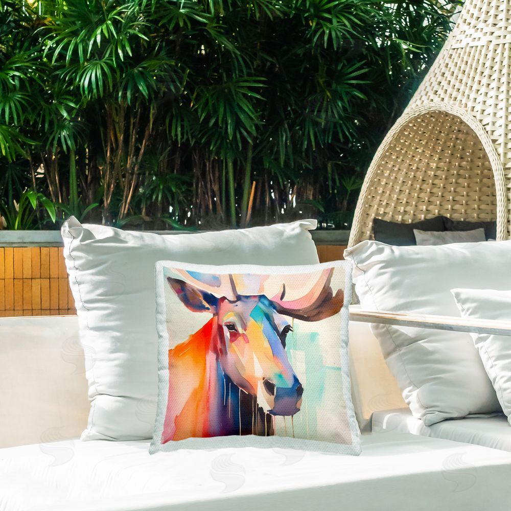 Walker Noble Modern Moose Abstraction Outdoor Quick-Dry Polyester Printed Throw Pillow in Back Yard