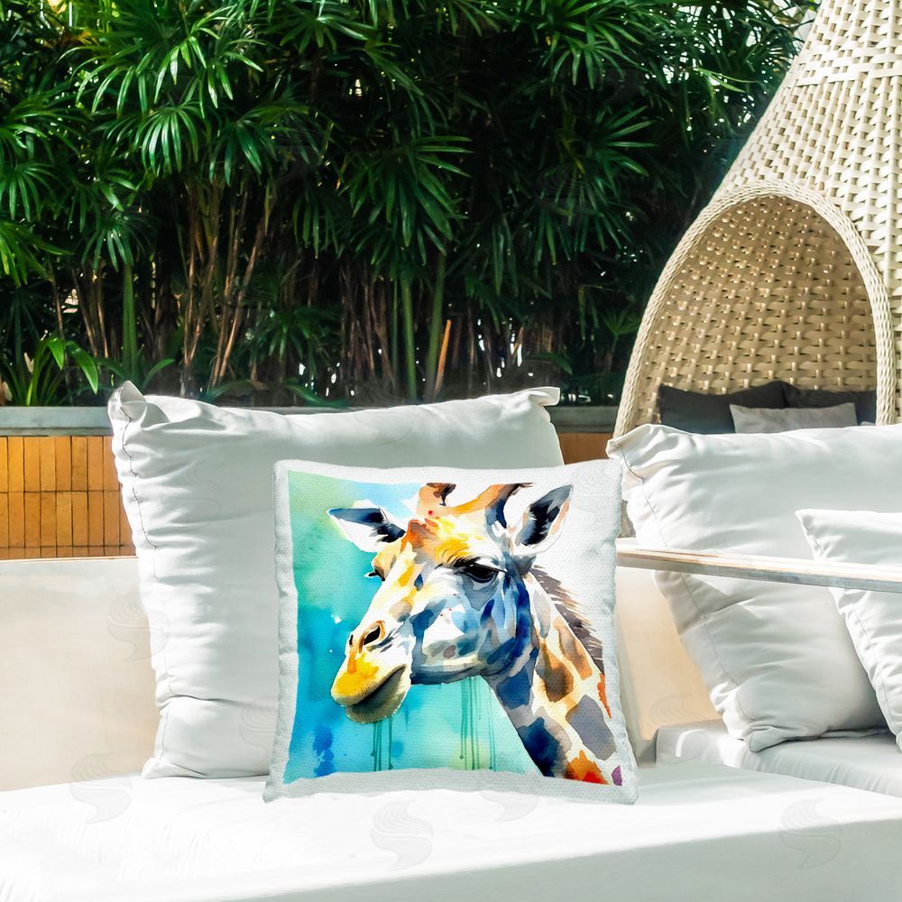 Walker Noble Giraffe Portrait on Blue Outdoor Quick-Dry Polyester Printed Throw Pillow in Back Yard