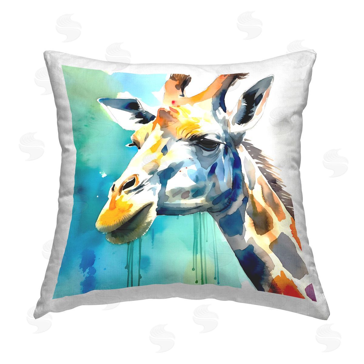 Walker Noble Giraffe Portrait on Blue Printed Plush Polyester Throw Pillow