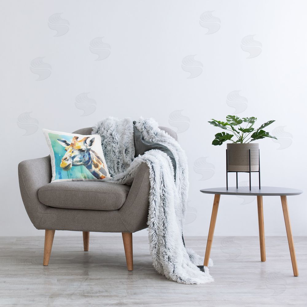 Walker Noble Giraffe Portrait on Blue Printed Plush Polyester Throw Pillow On Chair