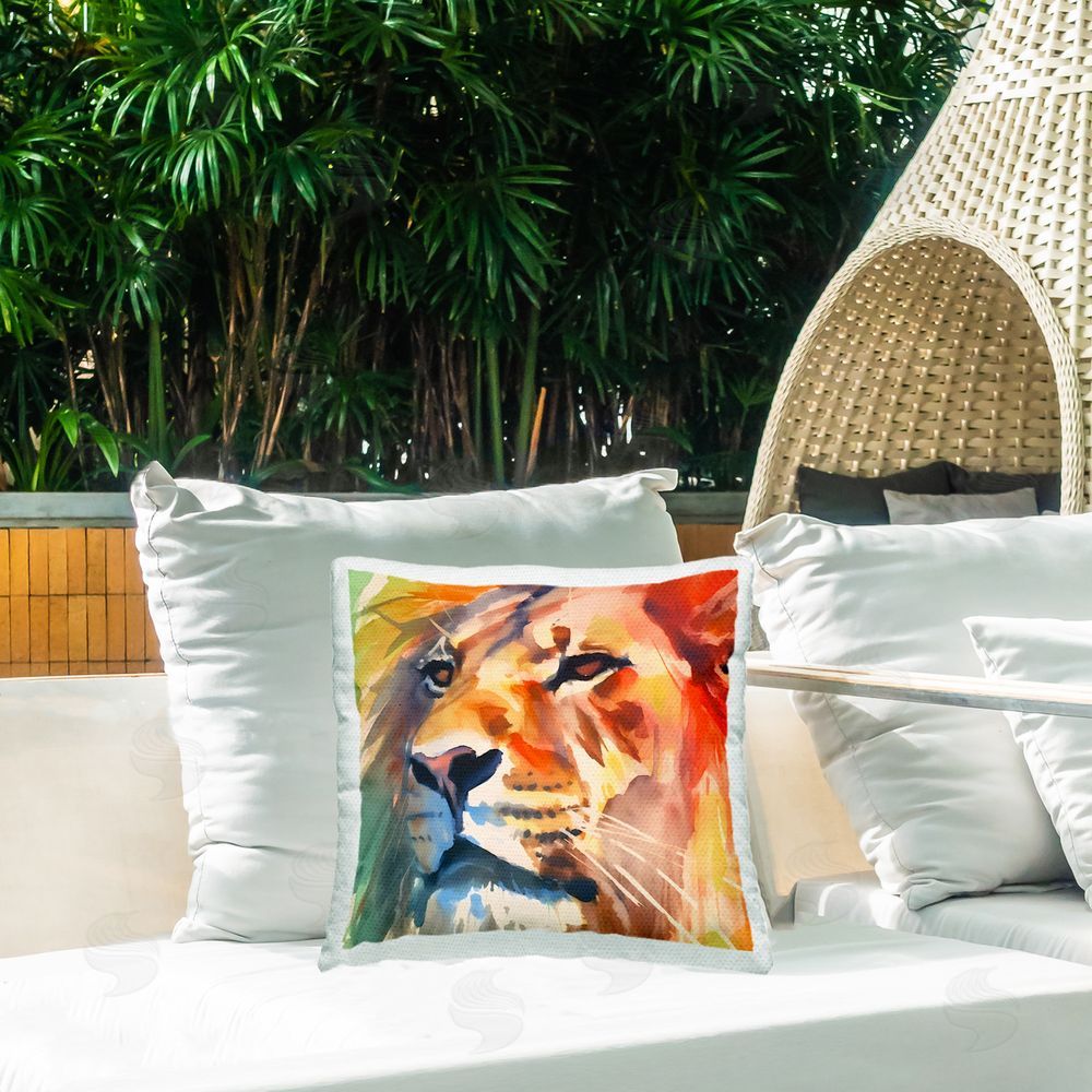 Walker Noble Fierce Lion Face Outdoor Quick-Dry Polyester Printed Throw Pillow in Back Yard