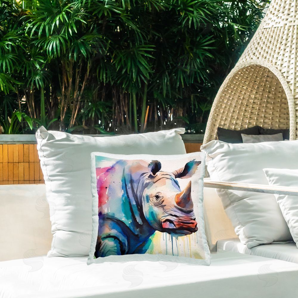 Walker Noble Modern Rhino Portrait Outdoor Quick-Dry Polyester Printed Throw Pillow in Back Yard
