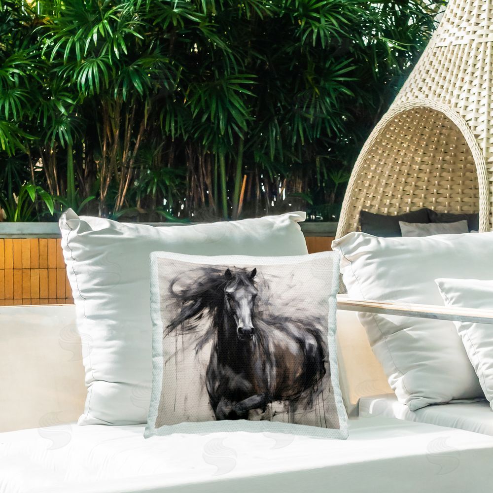 Irena Orlov Windblown Black Horse Outdoor Quick-Dry Polyester Printed Throw Pillow in Back Yard