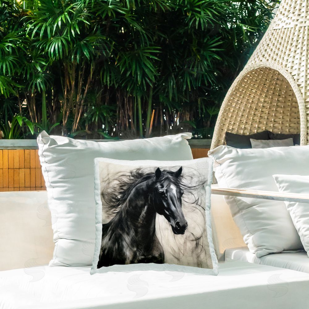 Irena Orlov Swirling Horse Portrait Outdoor Quick-Dry Polyester Printed Throw Pillow in Back Yard