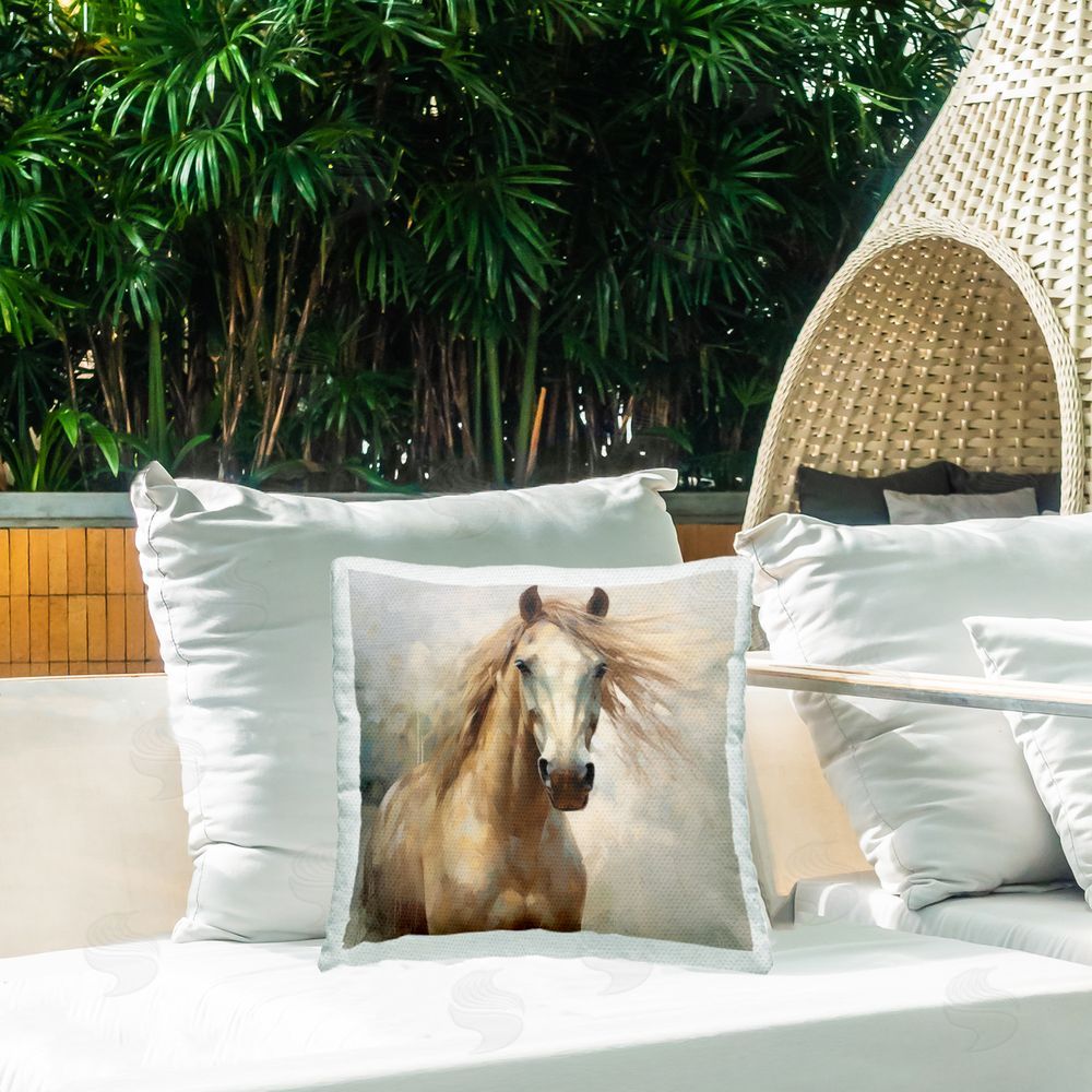 Irena Orlov Traditional Tan Horse Outdoor Quick-Dry Polyester Printed Throw Pillow in Back Yard