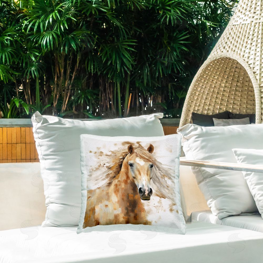 Irena Orlov Rustic Pattern Horse Outdoor Quick-Dry Polyester Printed Throw Pillow in Back Yard