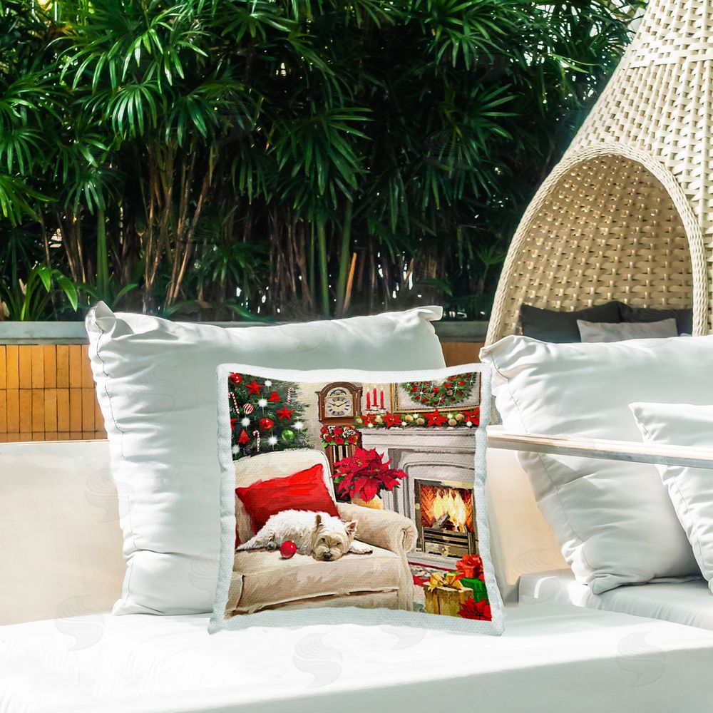 Adam Sanderson Cozy Christmas Fireplace Outdoor Quick-Dry Polyester Printed Throw Pillow in Back Yard