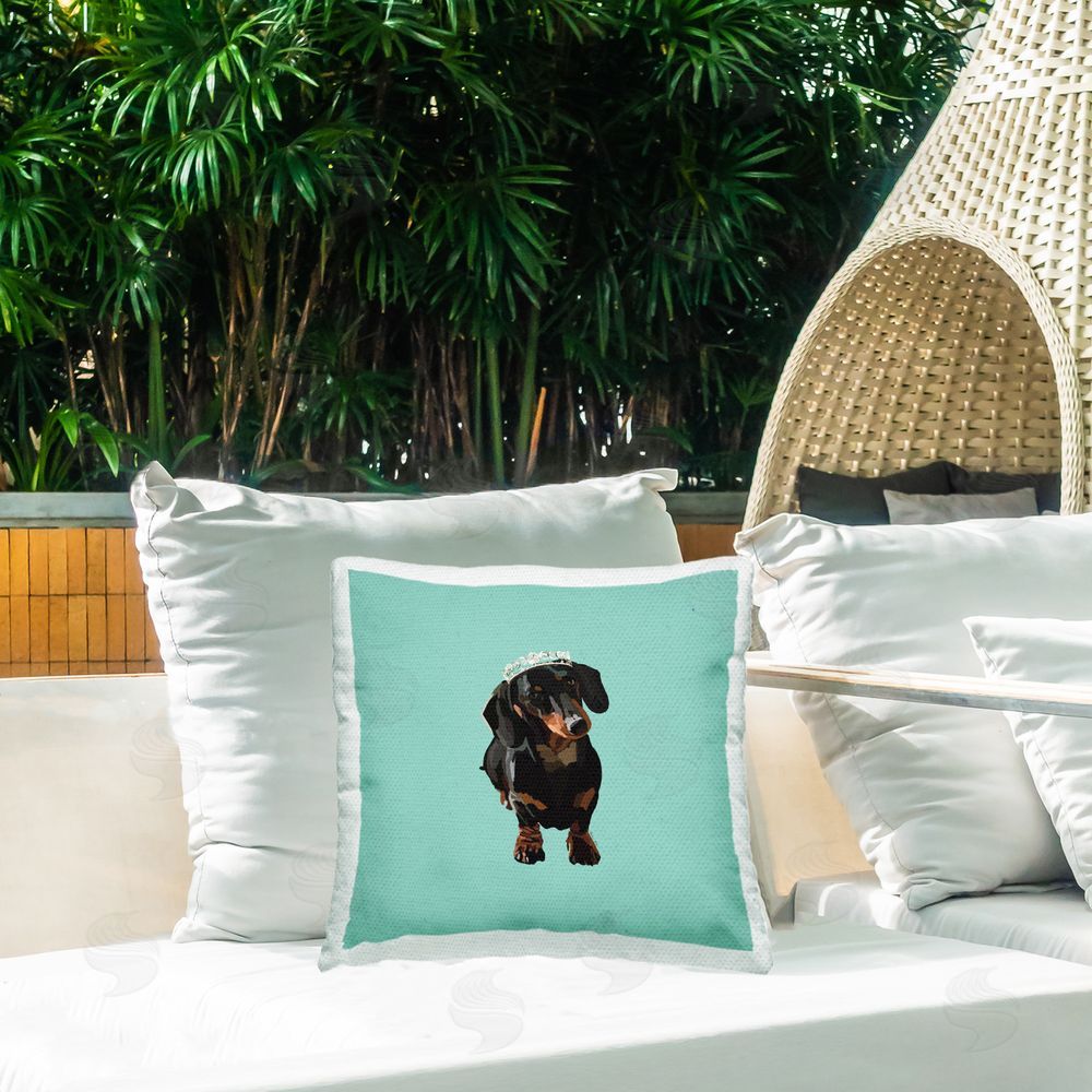 Amelia Noyes Royal Dachshund on Turquoise Outdoor Quick-Dry Polyester Printed Throw Pillow in Back Yard