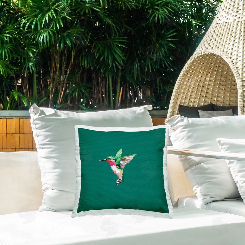 Amelia Noyes Hummingbird Wearing Tiara Outdoor Quick-Dry Polyester Printed Throw Pillow in Back Yard