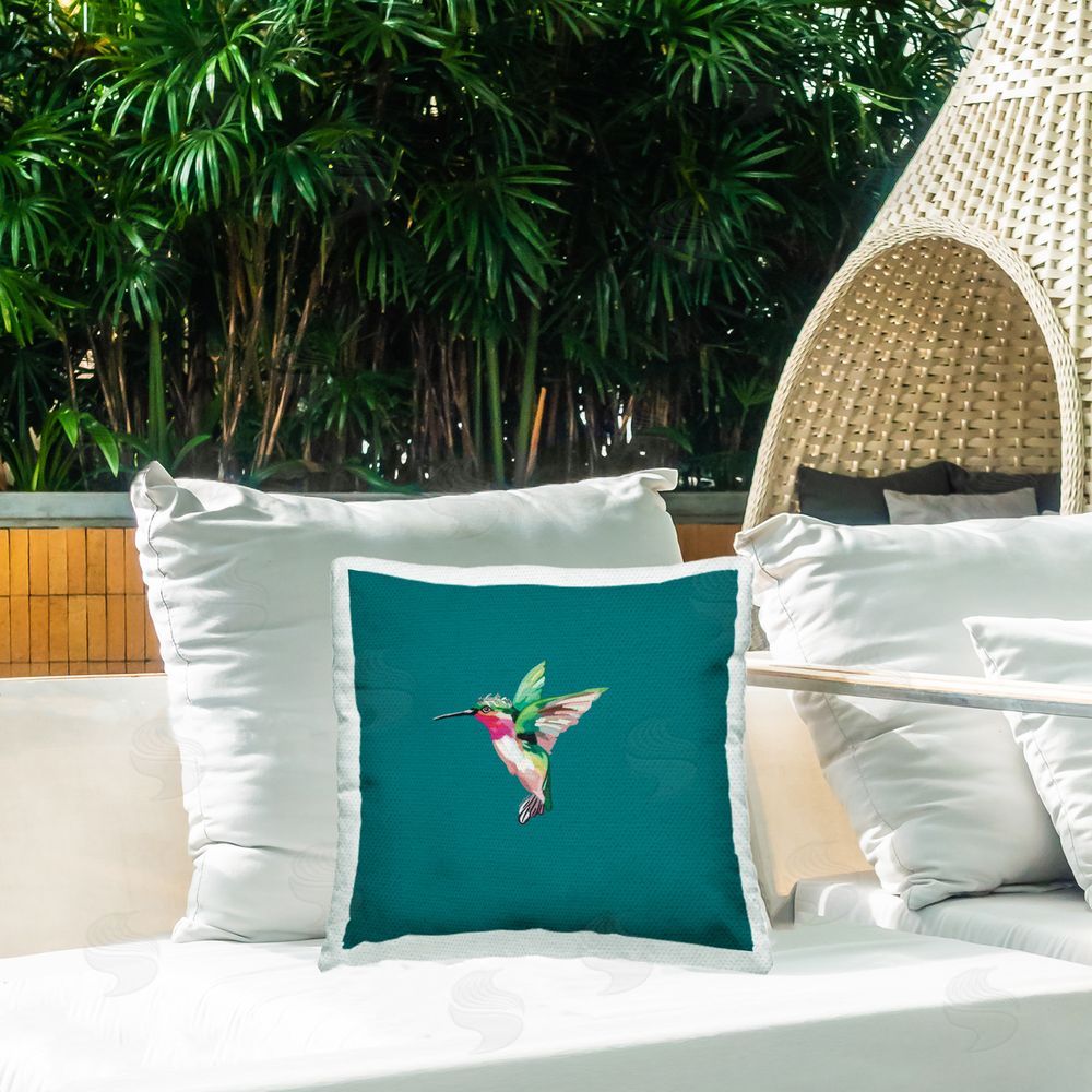 Amelia Noyes Hummingbird Wearing Crown Outdoor Quick-Dry Polyester Printed Throw Pillow in Back Yard