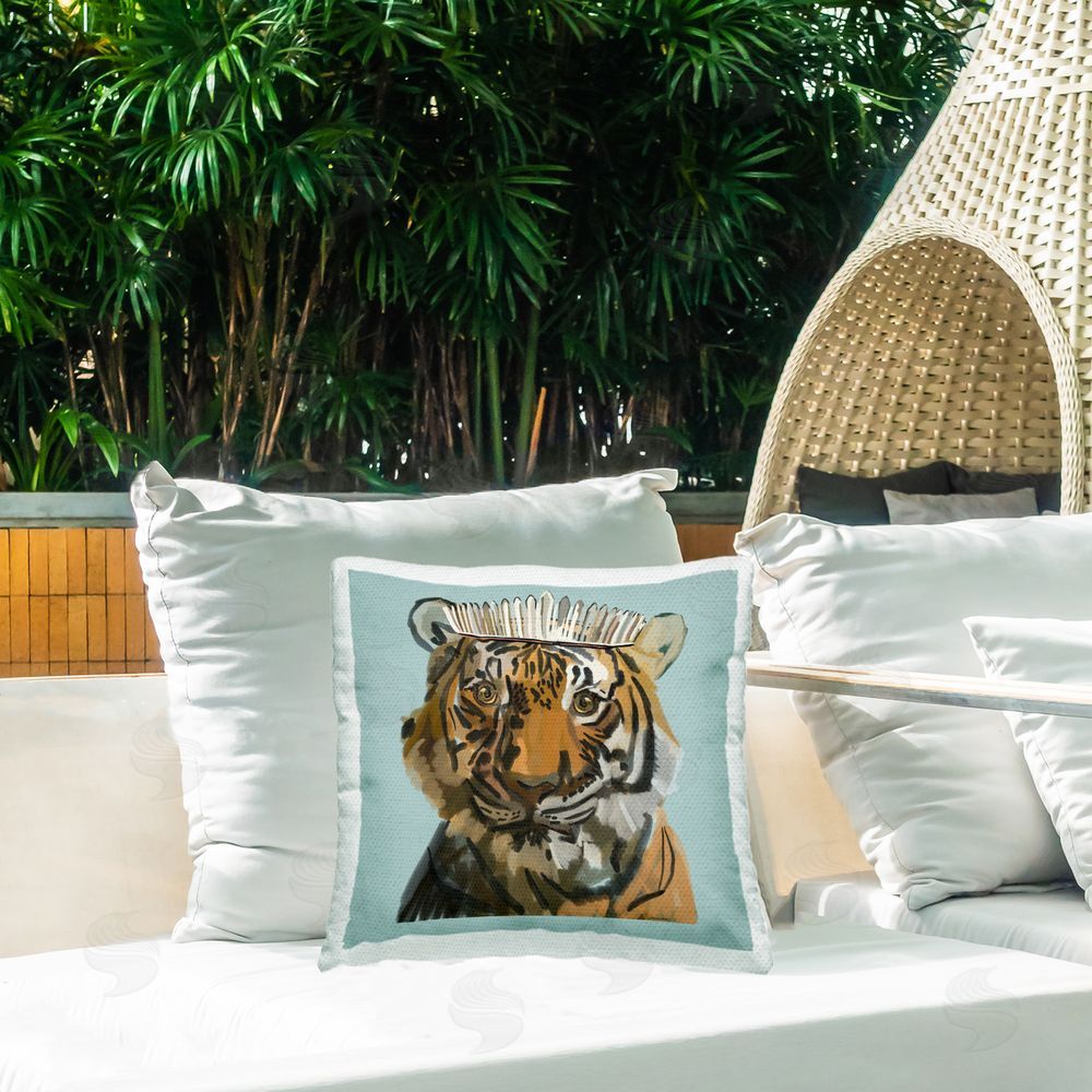 Amelia Noyes Royal Tiger Portrait Outdoor Quick-Dry Polyester Printed Throw Pillow in Back Yard