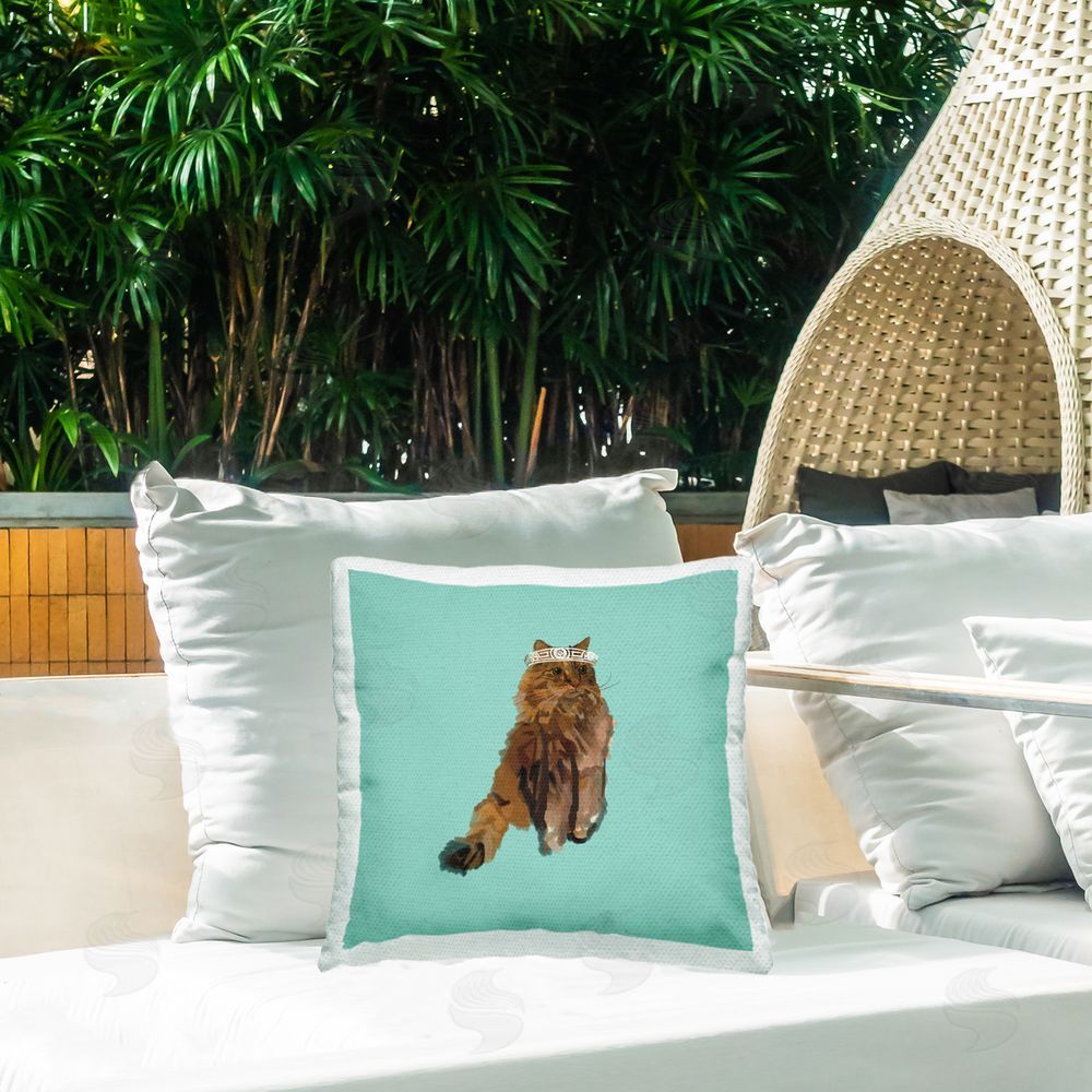 Amelia Noyes Fluffy Cat & Crown Outdoor Quick-Dry Polyester Printed Throw Pillow in Back Yard
