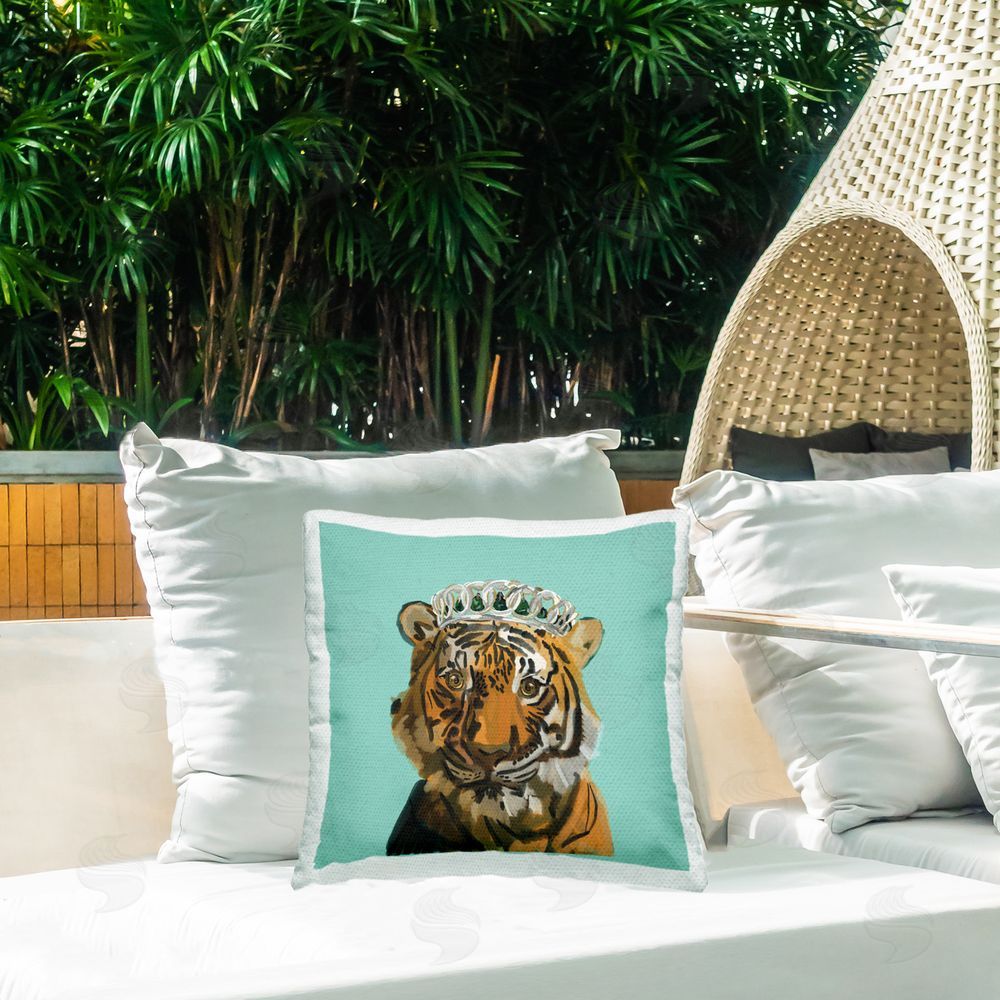 Amelia Noyes Elegant Tiger with Tiara Outdoor Quick-Dry Polyester Printed Throw Pillow in Back Yard