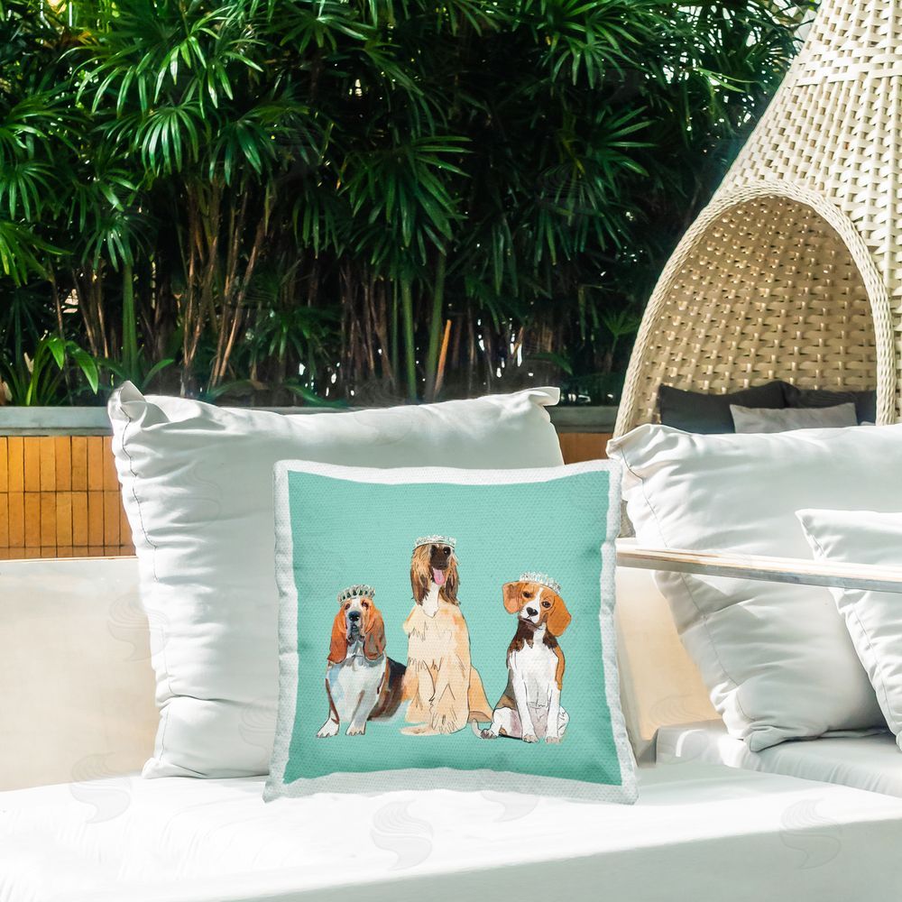 Amelia Noyes Crowned Dog Trio Outdoor Quick-Dry Polyester Printed Throw Pillow in Back Yard