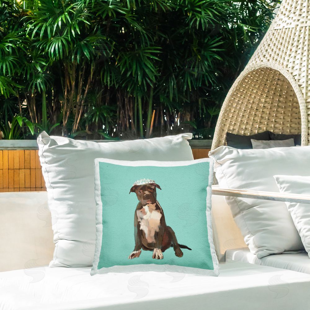 Amelia Noyes Pit Bull in Tiara Outdoor Quick-Dry Polyester Printed Throw Pillow in Back Yard