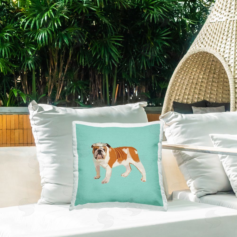 Amelia Noyes Royal Bulldog on Turquoise Outdoor Quick-Dry Polyester Printed Throw Pillow in Back Yard