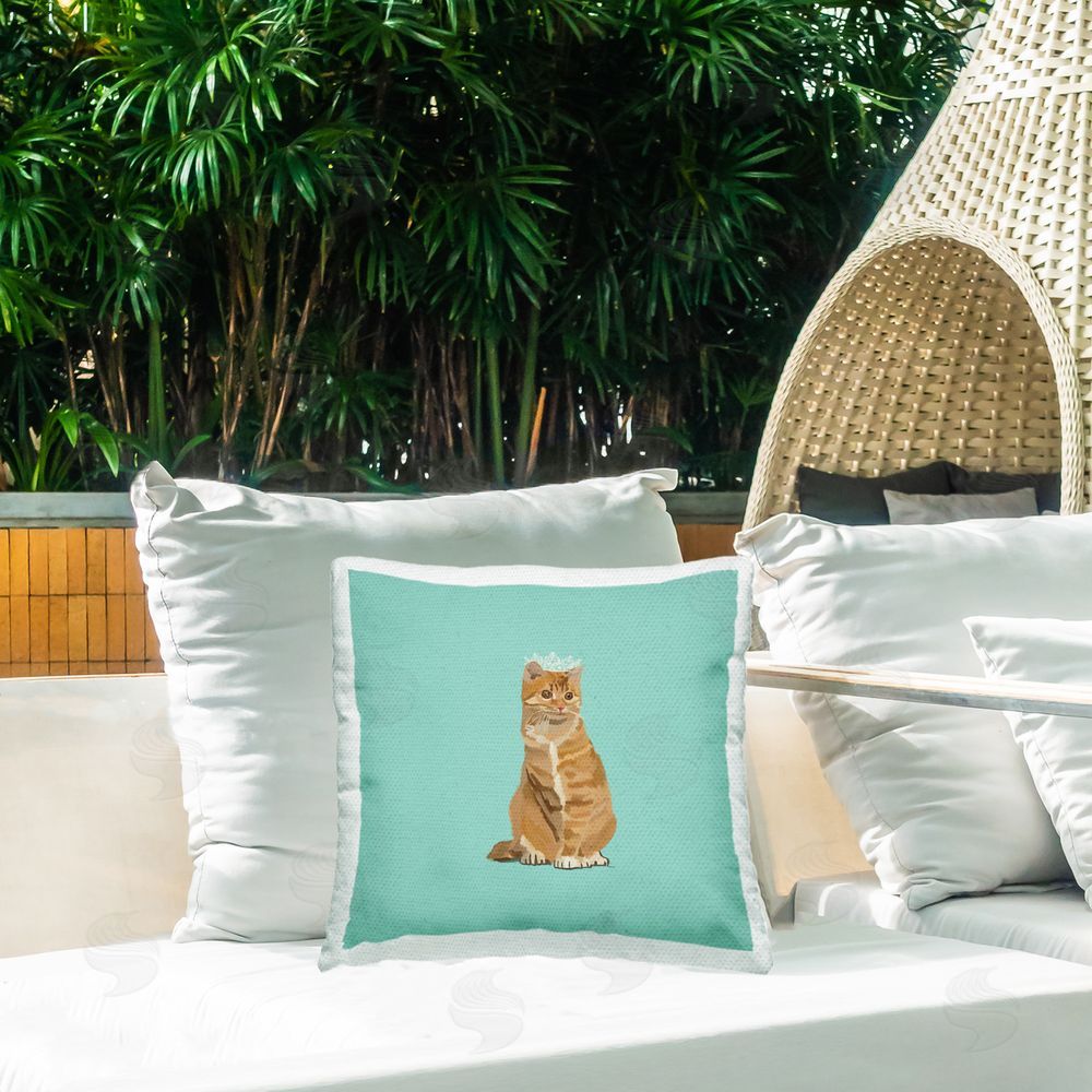 Amelia Noyes Orange Cat with Crown Outdoor Quick-Dry Polyester Printed Throw Pillow in Back Yard