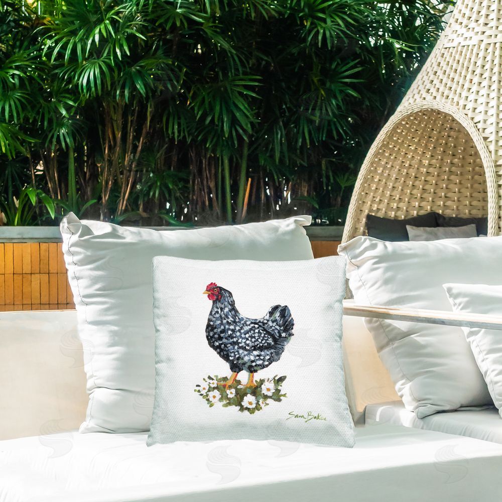 Sara Baker Speckled Hen & Flowers Outdoor Quick-Dry Polyester Printed Throw Pillow in Back Yard