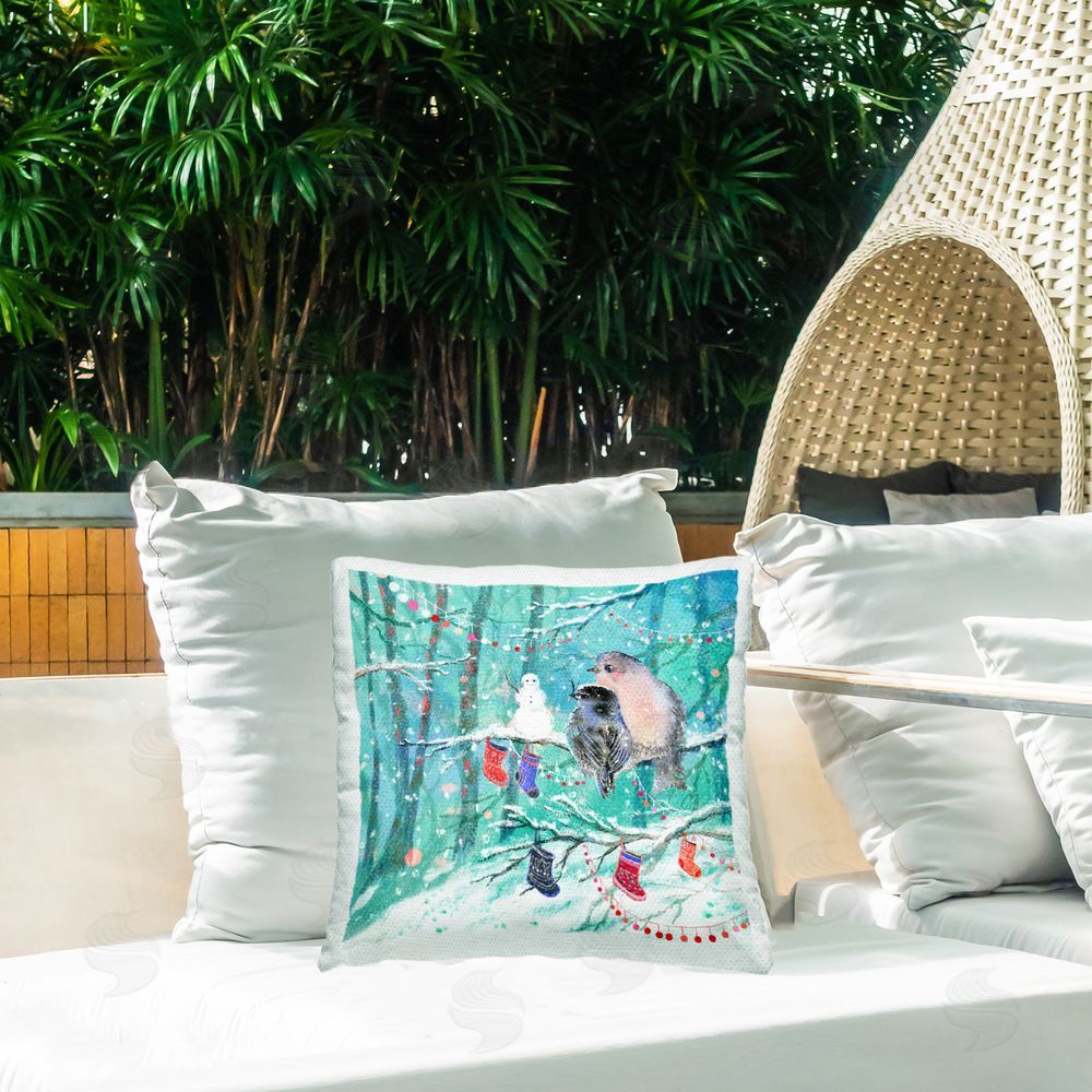 Antonia Verbrugge Snowman & Birds in Forest Outdoor Quick-Dry Polyester Printed Throw Pillow in Back Yard