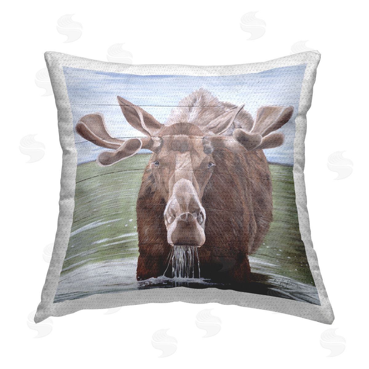 Diane Fifer Rustic Moose in Lake Outdoor Quick-Dry Polyester Printed Throw Pillow