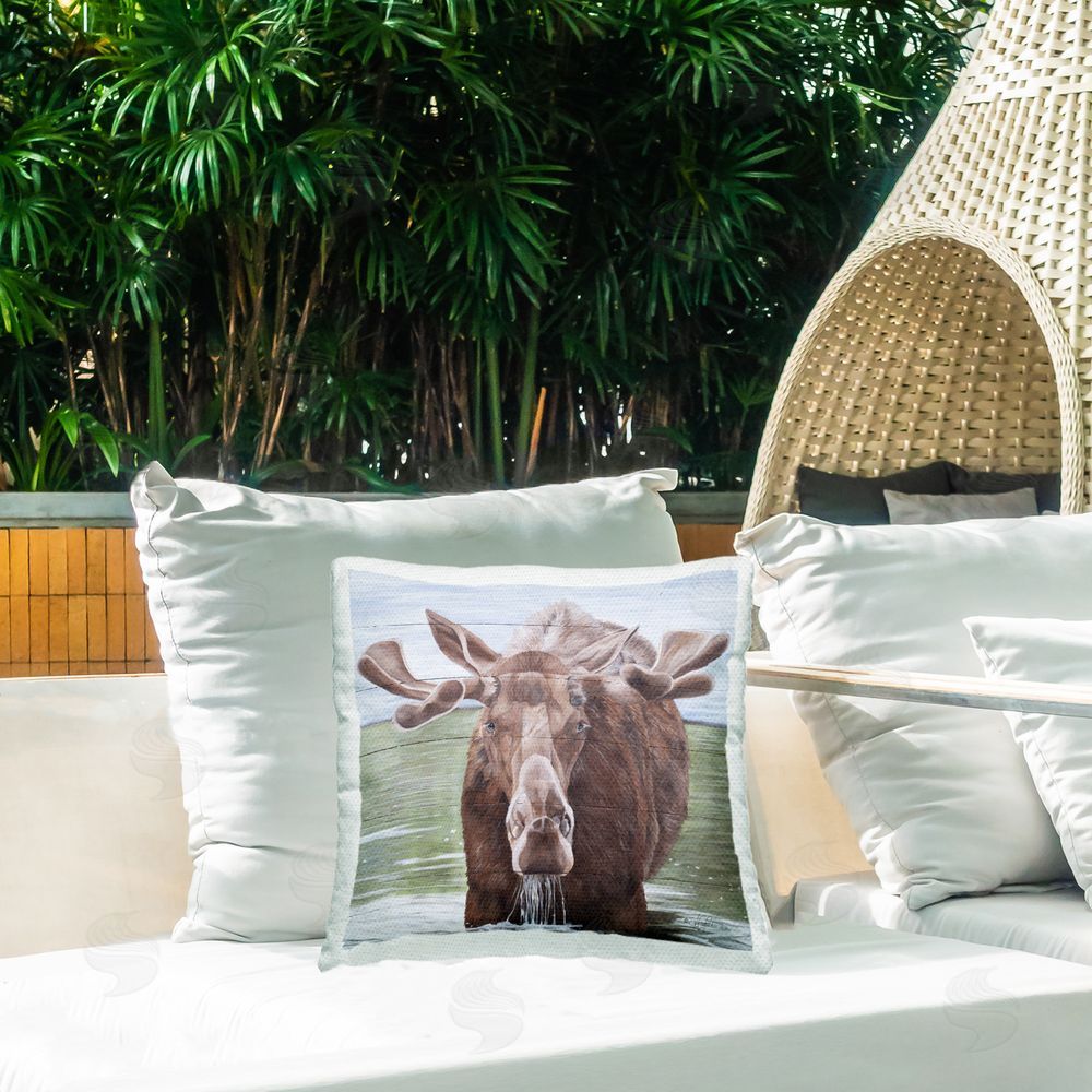 Diane Fifer Rustic Moose in Lake Outdoor Quick-Dry Polyester Printed Throw Pillow in Back Yard