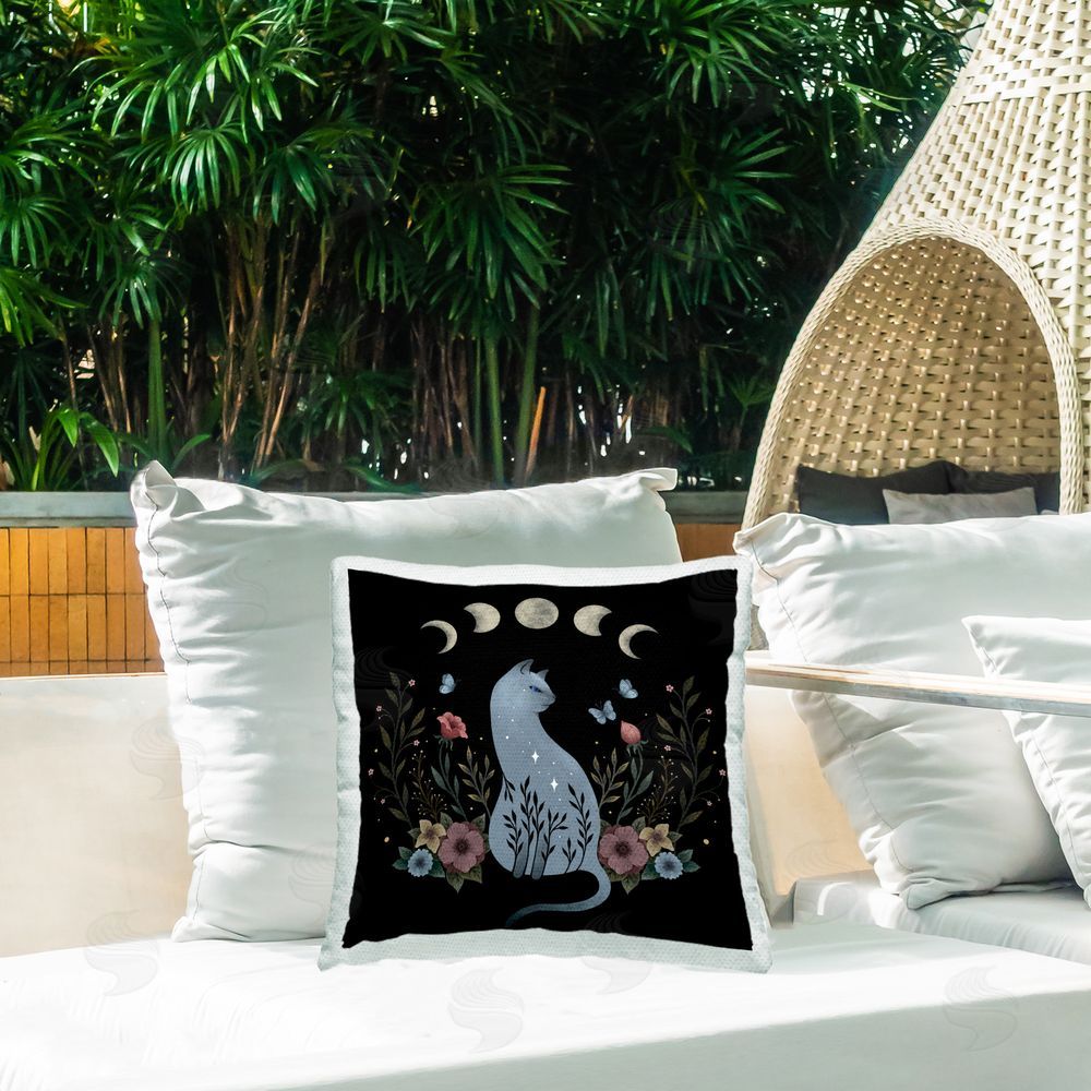 Episodic Drawings Botanical Cat & Moon Outdoor Quick-Dry Polyester Printed Throw Pillow in Back Yard