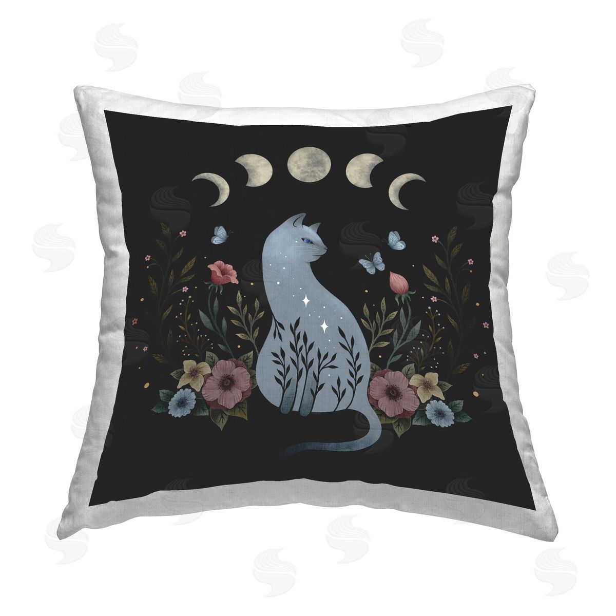 Episodic Drawings Botanical Cat & Moon Printed Plush Polyester Throw Pillow