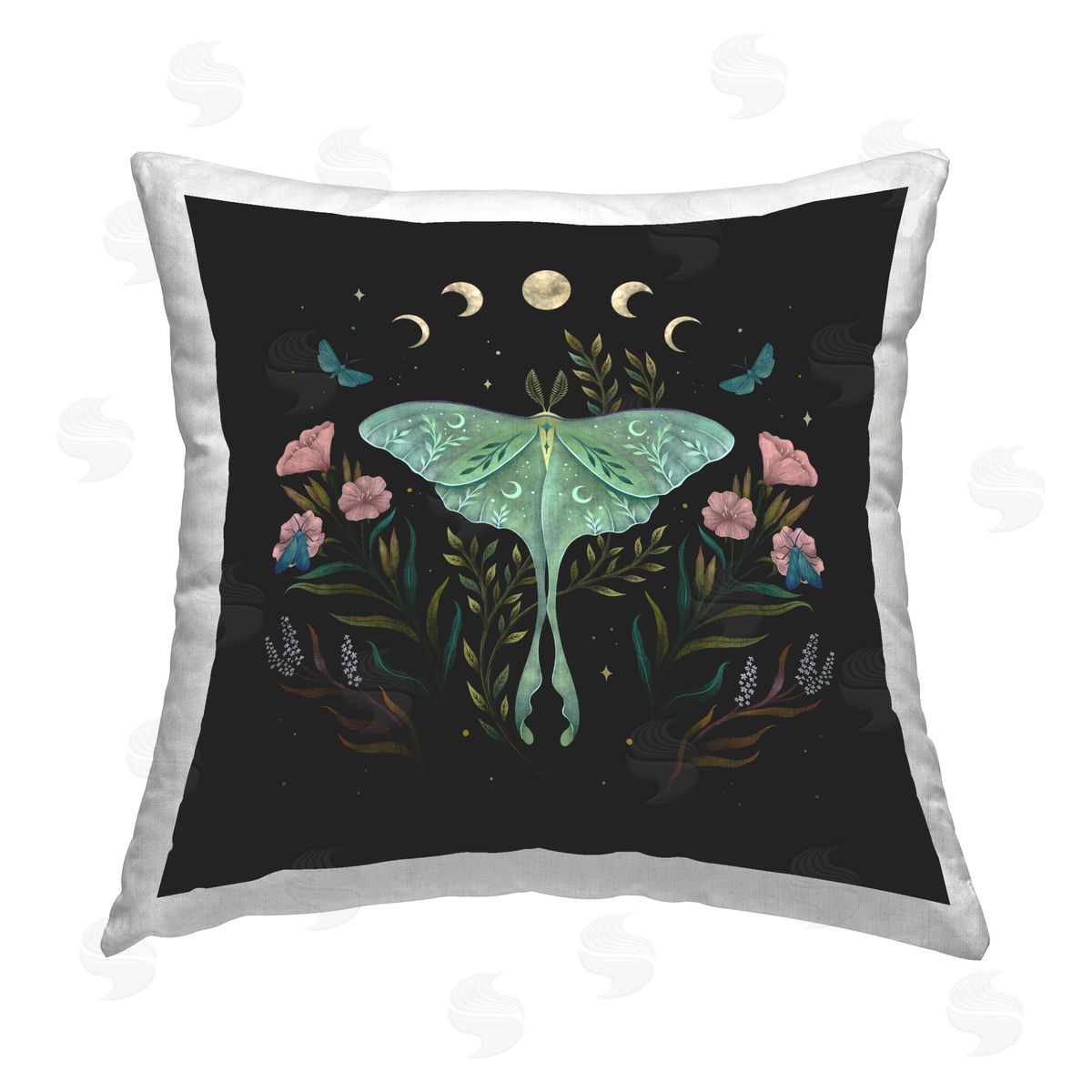 Episodic Drawings Moon Phases Moth Printed Plush Polyester Throw Pillow