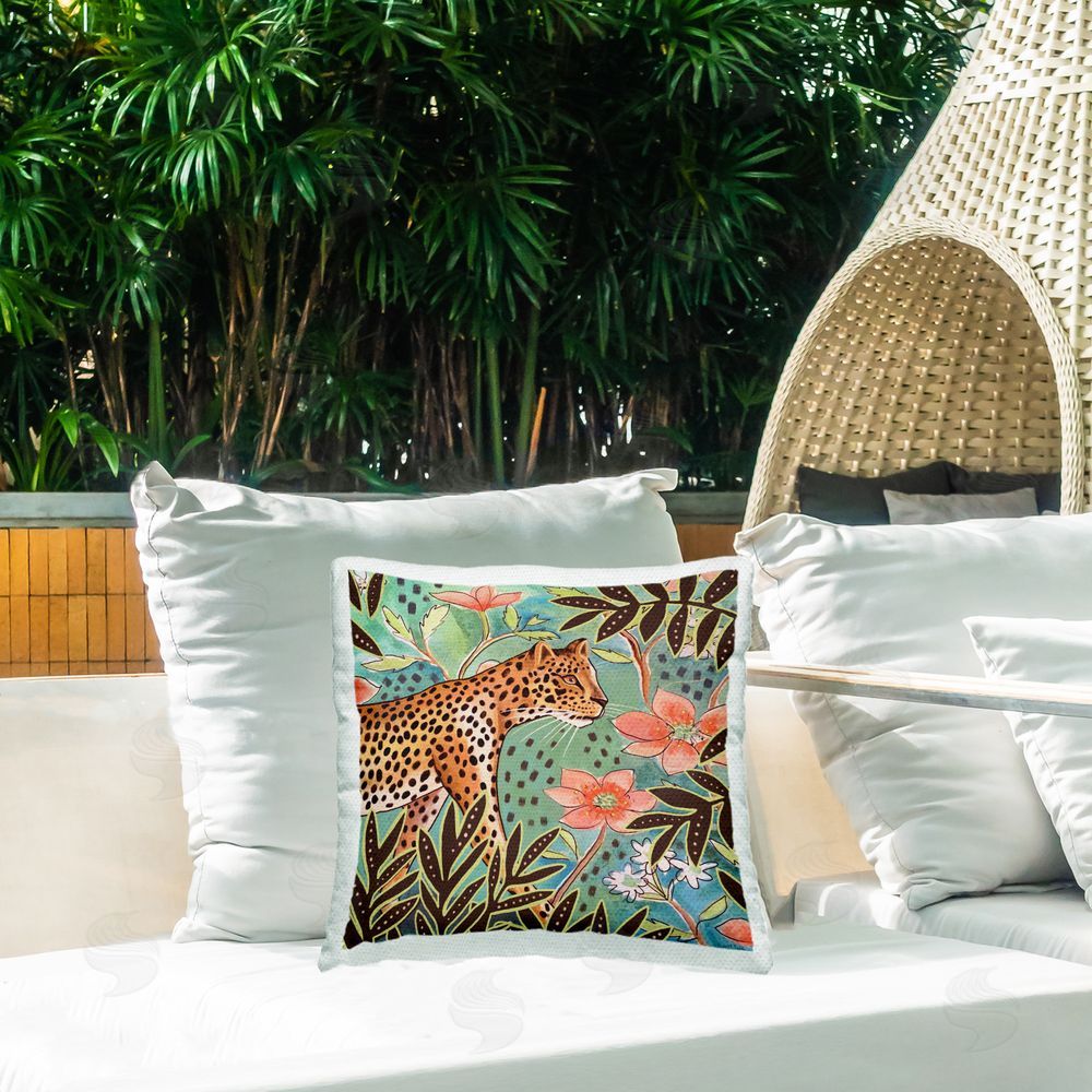 Elizabeth Tyndall Jungle Leopard & Leaves Outdoor Quick-Dry Polyester Printed Throw Pillow in Back Yard