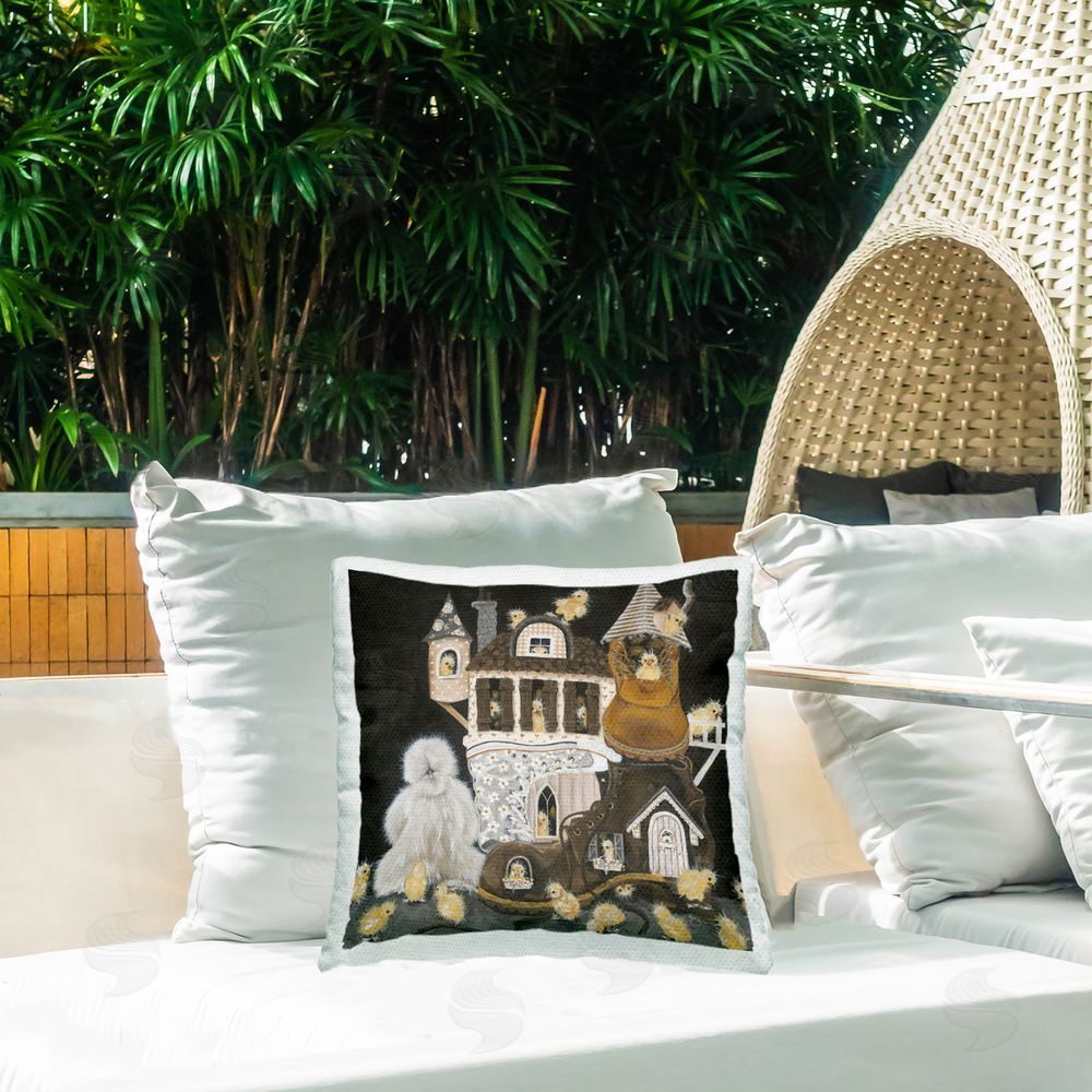 Hollihocks Art Chicks in Shoe House Outdoor Quick-Dry Polyester Printed Throw Pillow in Back Yard