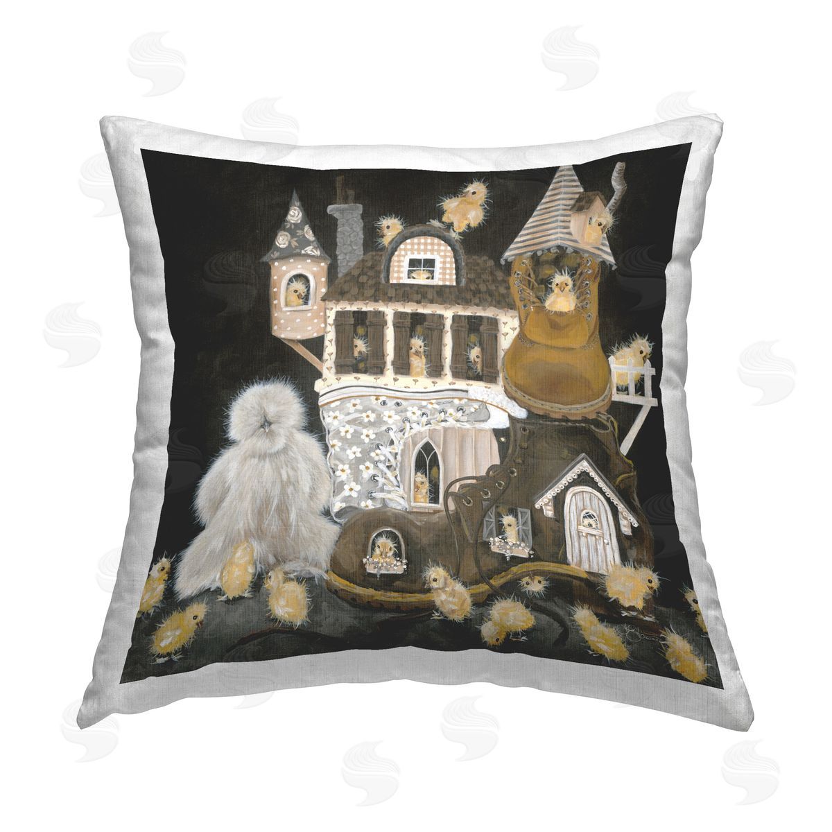 Hollihocks Art Chicks in Shoe House Printed Plush Polyester Throw Pillow