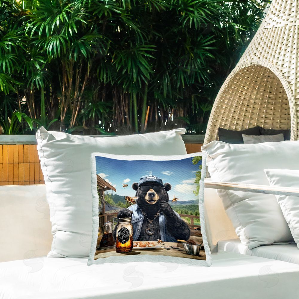 Jim Baldwin Black Bear & Honey Outdoor Quick-Dry Polyester Printed Throw Pillow in Back Yard