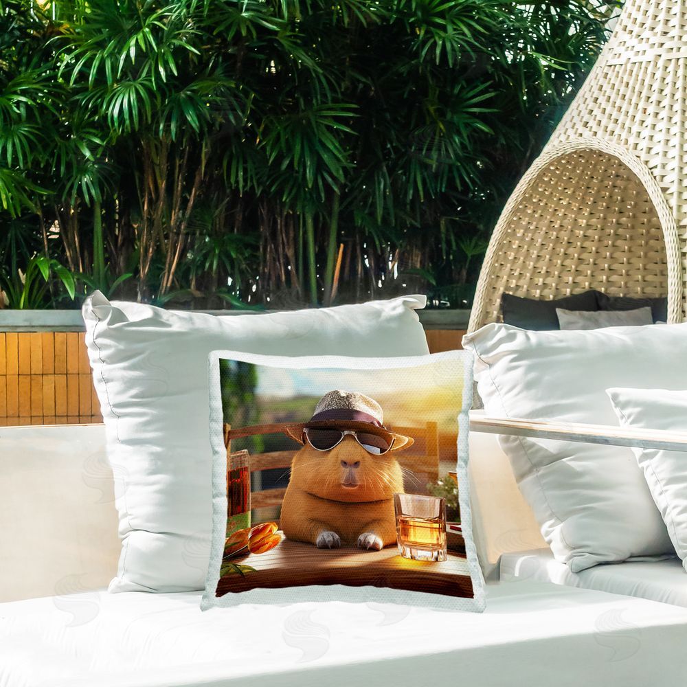 Jim Baldwin Capybara Enjoying Drink Outdoor Quick-Dry Polyester Printed Throw Pillow in Back Yard