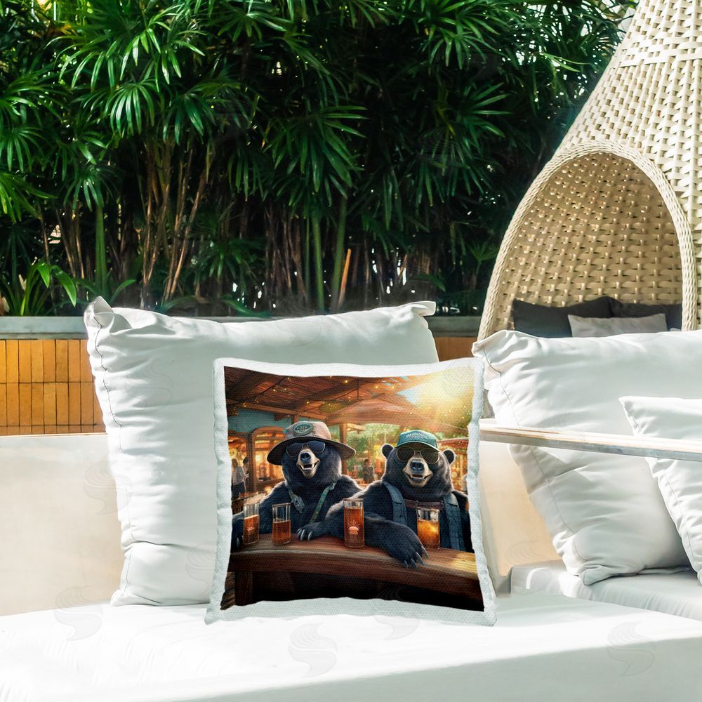 Jim Baldwin Bears Drinking at Pub Outdoor Quick-Dry Polyester Printed Throw Pillow in Back Yard