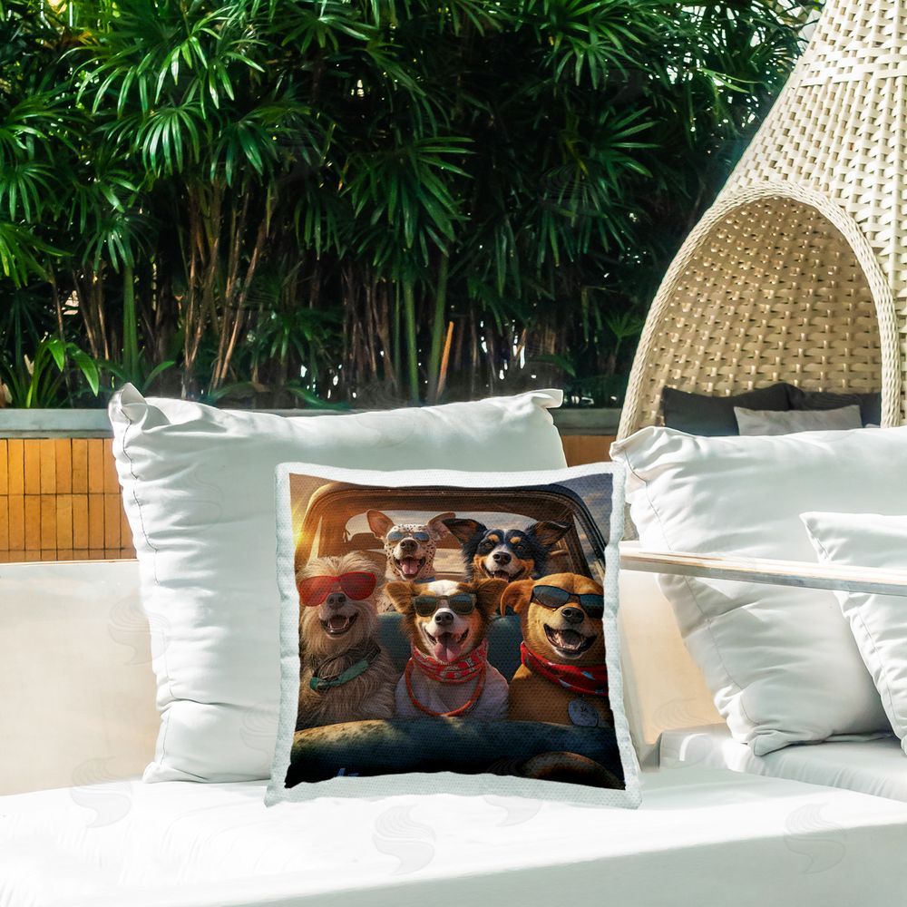 Jim Baldwin Dogs in Pickup Truck Outdoor Quick-Dry Polyester Printed Throw Pillow in Back Yard