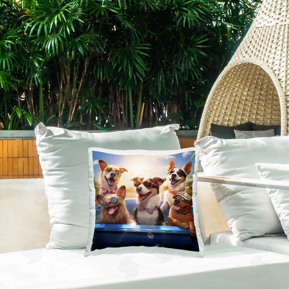 Jim Baldwin Fun Dogs in Pool Outdoor Quick-Dry Polyester Printed Throw Pillow in Back Yard