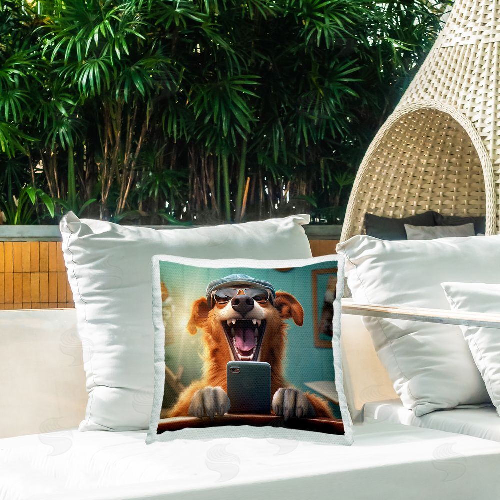 Jim Baldwin Laughing Dog on Phone Outdoor Quick-Dry Polyester Printed Throw Pillow in Back Yard