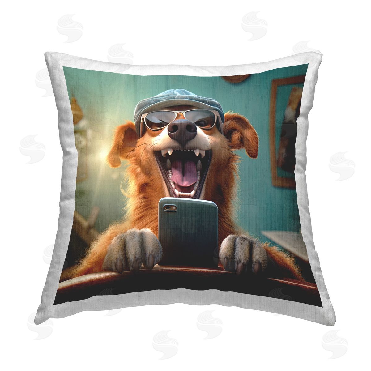 Jim Baldwin Laughing Dog on Phone Printed Plush Polyester Throw Pillow